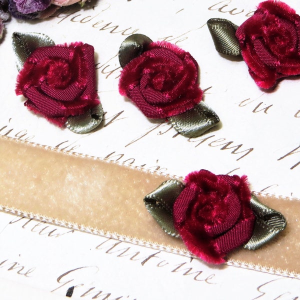 2pc 1 1/4" BURGUNDY CARDINAL VELVET Rose Handmade French Boho Choker Necklace Jewelry Vintage Antique Ribbon Rococo Rosette Jacquard tRim