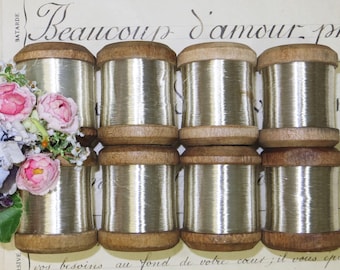 FRENCH SILVER METAL Spool Metallic Wire Thread Floss Bullion Cord Trim Ribbon Tinsel Flower Applique Vintage Vestment Embroidery Jewelry