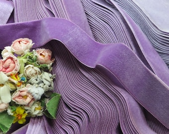 2y 1910 SILK VIOLET PURPLE Velvet Ribbon Tag: Antique French Millinery Flower Rose Lilac Lavender Orchid Ribbon Crushed Frayed Velvet 1920