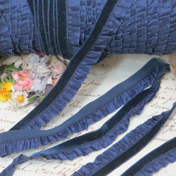 1y NAVY VELVET RUFFLE Trim Ribbon tag: French Rayon Midnight Doll Dress 1920s Flapper Hat Ribbonwork silk Victorian Edwardian Rococo Rosette