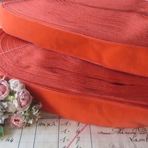 1y FRENCH TOMATO VELVET Ribbon Trim Tags: Red Orange Coral Millinery Hat Flower Antique Doll Dress Fabric 1920 flapper metal jacquard market