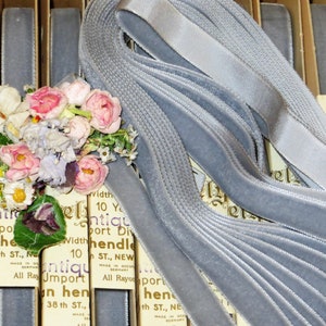 1y 7/8&quot; STUNNING GRAY BLUE Velvet Ribbon Shabby Antique French trim Doll Dress Edwardian Millinery Hat Cloche 1920s Flapper Wedding Fabric