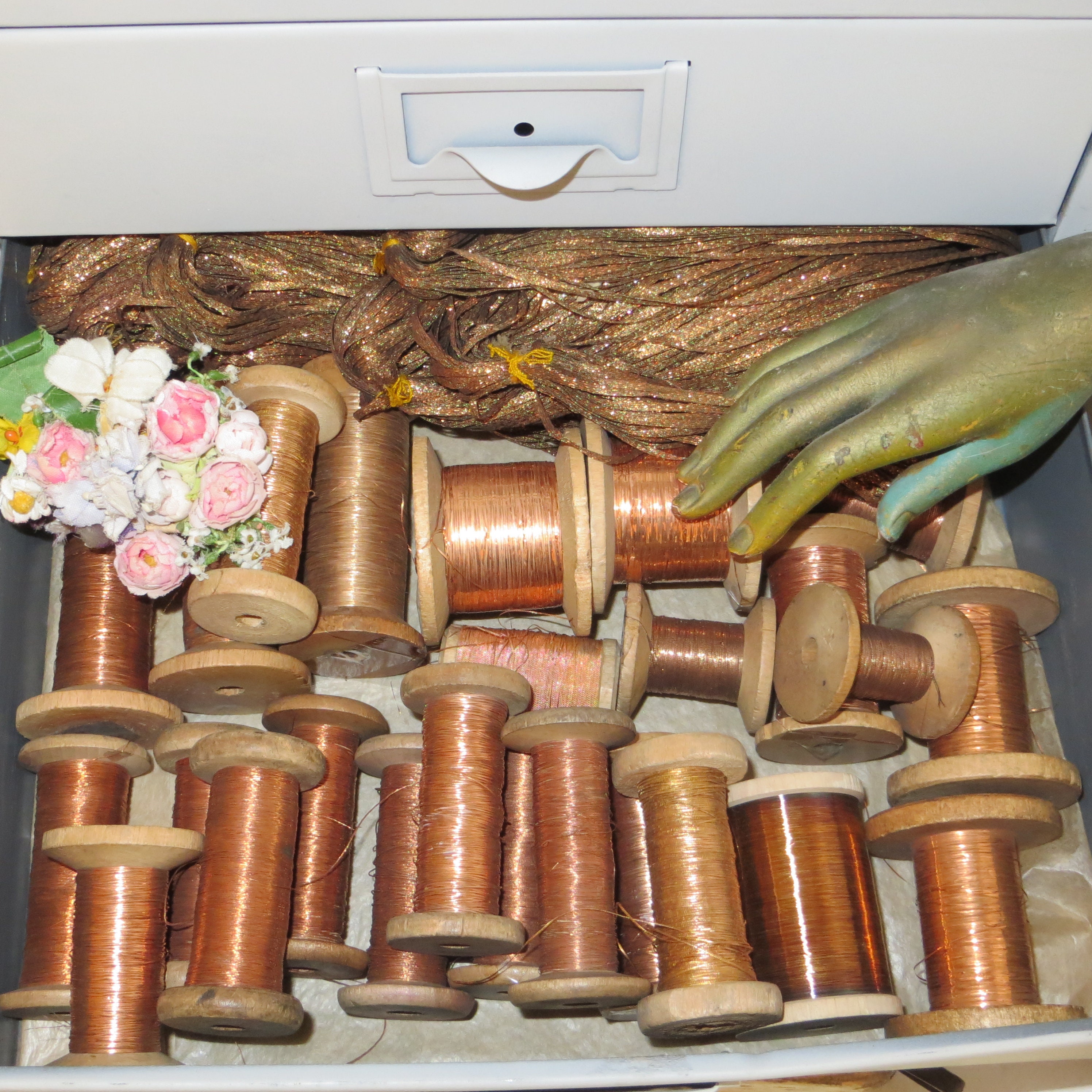 copper-metal-spool-antique-french-thread-wooden-bobbin-flat-etsy