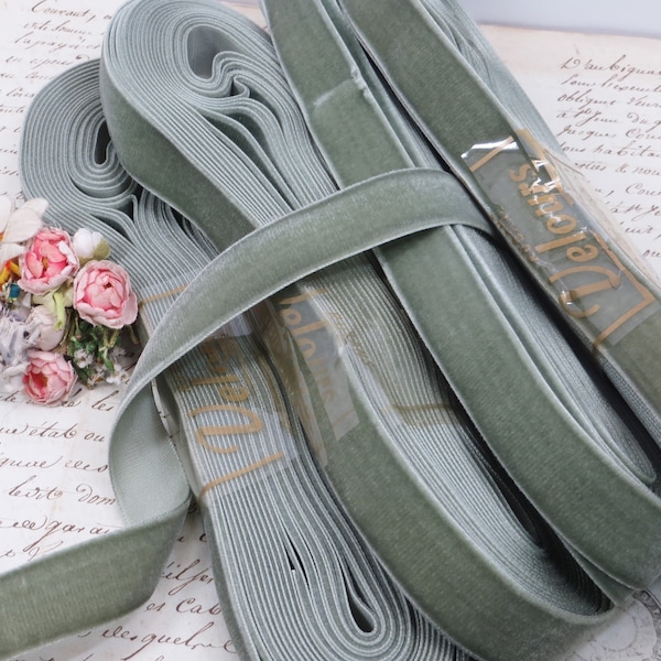 1y LUSH GERMAN SAGE Velvet Ribbon tags: Rayon Satinback Antique Velvet Ribbon gray mint Olive Chartreuse Millinery Flower Rose Frayed Velvet