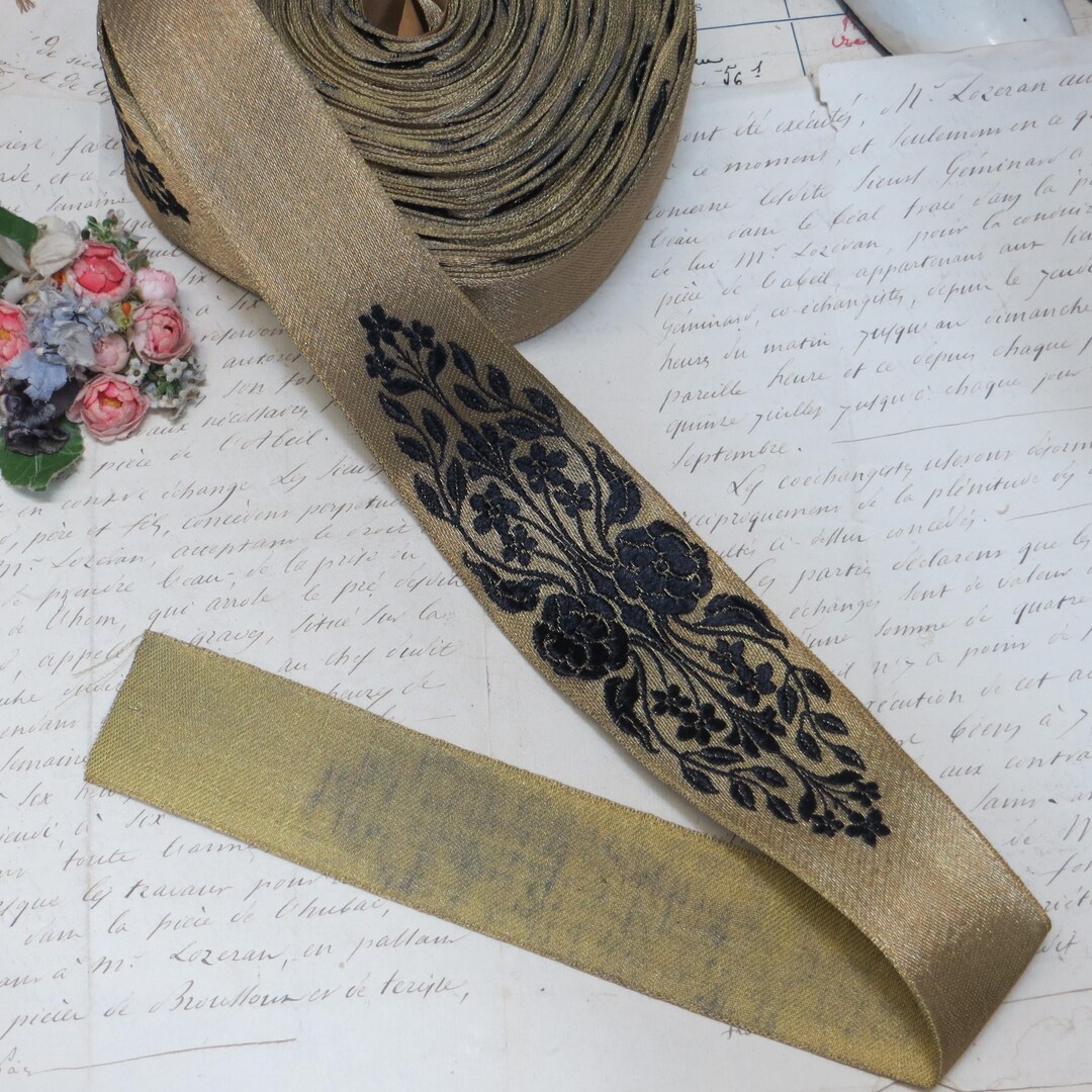 Edwardian French Gold Metallic Belting Ribbon: Art Nouveau Blue Floral ...