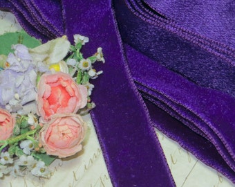 1y ROYAL PURPLE VELVET Ribbon 5/8"  tag: French Antique Vintage Violet Lilac Lavender Crushed Millinery Flower Rose 1920 Dress Ribbonwork