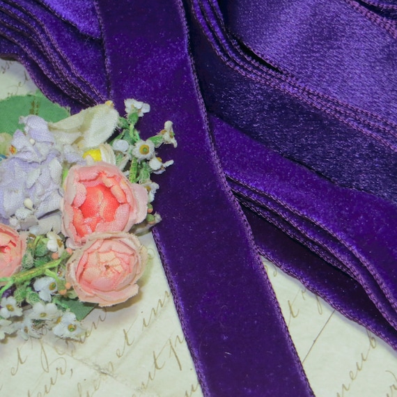 1y FRENCH SILK VELVET 1/" RIBBON TRIM PURPLE VIOLET MILLINERY HAT FLOWER VTG ANTQ