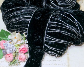 1y CRUSHED METALLIC BLACK Velvet Ribbon 1 3/8" Vintage Swiss Silver Metal Panne Victorian Ladies Millinery Hat Cocarde Flower Trim