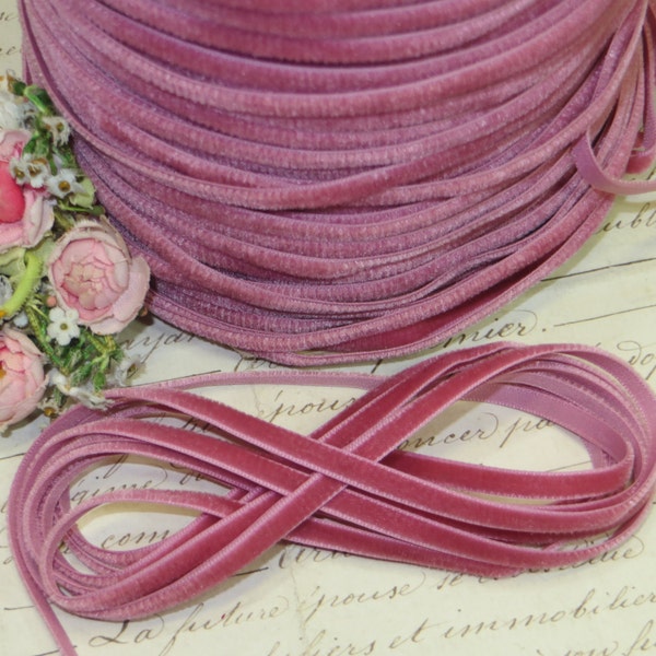 3/16" NARROW DUSTY PINK Vintage Swiss Velvet Ribbon French Rose Mauve Boho Choker Necklace Charm Jewelry Millinery Hat Trim Work Antique