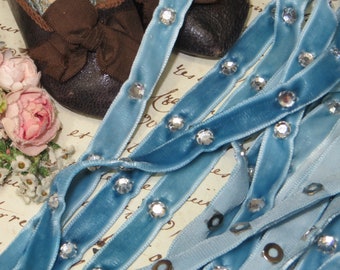 RHINESTONE BLUE VELVET Ribbon 3/8" Ombre Hand dyed Velvet Ribbon Prong Set White Rhinestone 1920 Flapper Dress French Boho Hat Choker Trim