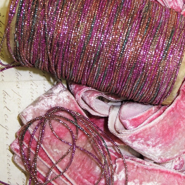 1y Rare FRENCH PINK OMBRE Fuchsia Antique Metal Thread Metallic Embroidery Floss Millinery Flower Eggplant Applique Bullion Mesh