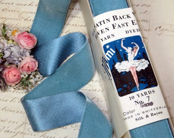 1 1/4" Antique FRENCH BLUE SILK Velvet Ribbon Ocean Sky Rayon Victorian Edwardian Millinery Hat Fabric Doll Dress Trim Jacquard Vintage Boho