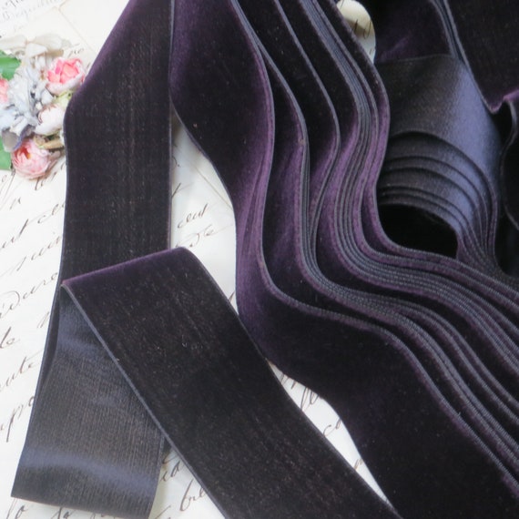 1y SILK DARK PURPLE Velvet Ribbon tag: 1900 Victorian Antique French Velvet Thin Low Pile Plum Black 1910 Edwardian 1920 Flapper Dress Trim