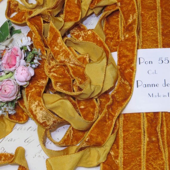 1y 2/" OCRA MUSTARD YELLOW VELVET RIBBON FRENCH FLOWER WEDDING DOLL DRESS FABRI