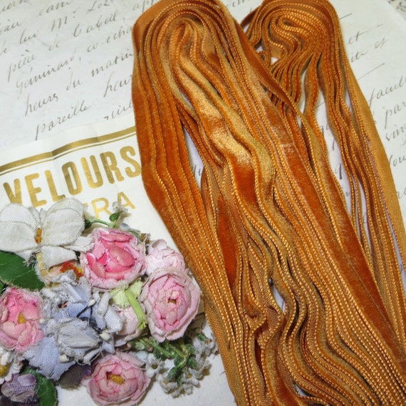 1y 2/" OCRA MUSTARD YELLOW VELVET RIBBON FRENCH FLOWER WEDDING DOLL DRESS FABRI