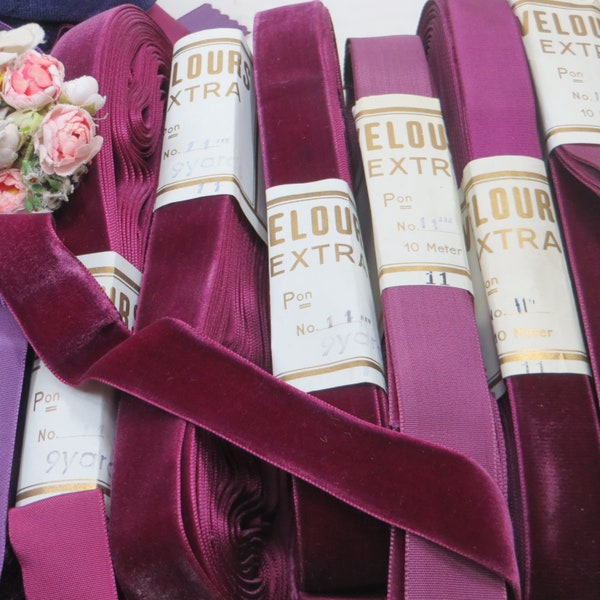 1y 1940 Lush WINE BURGUNDY pink Velvet Ribbon 1" German Rayon tag: Antique Velvet French Edwardian Victorian Dress Trim Purple Cranberry