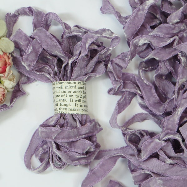 1y CRUSHED PATINA VIOLET Velvet Ribbon 3/8" tag: Vintage Antique French Velvet ribbon Millinery Flower Lilac Lavender Orchid Frayed Velvet