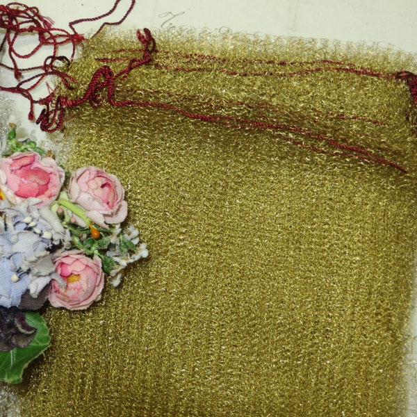 Antique FRENCH METAL BAG Mesh Thread Tricot Tricotine Fabric Wedding Gift Victorian Edwardian Bullion Metallic Trim Vestment Ribbon Doll
