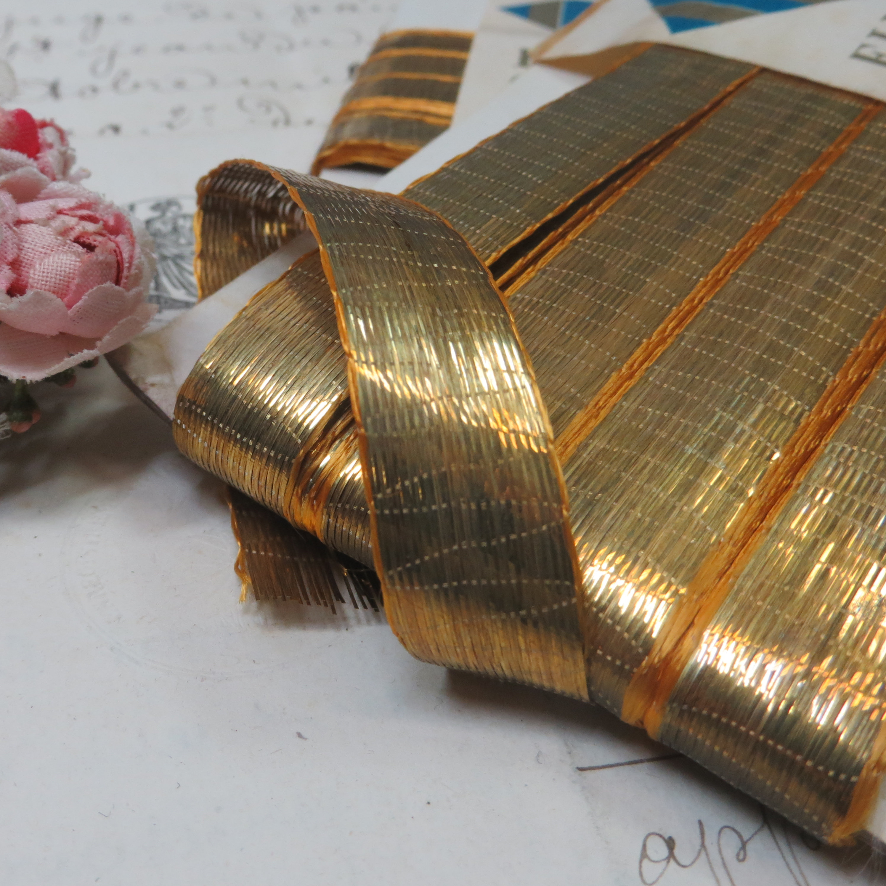 25m Card GOLD METAL RIBBON Tag: Antique Metallic Lace Ruching Ribbon ...