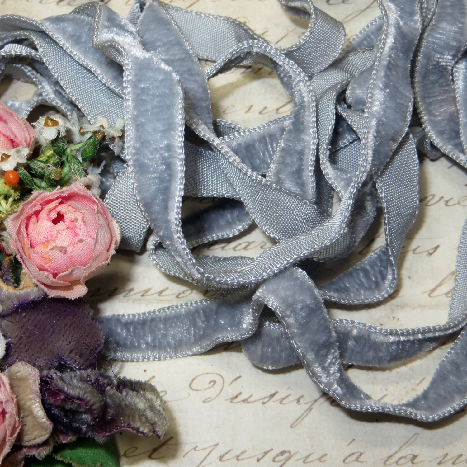 1y BLUE GRAY VELVET Ribbon 3/8 Boho Choker Vintage Antique Shabby French Trim Doll Dress 1920s Flapper Metal Thread Applique Wedding