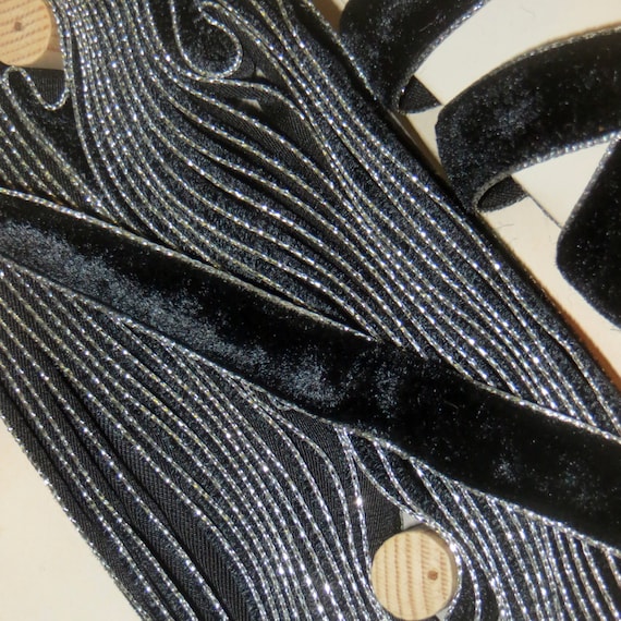 2y 5/8" SILVER METALLIC EDGE Black Velvet Ribbon 5/8" Swiss Goth Steampunk Boho Choker Jewelry Necklace Victorian Edwardian Trim
