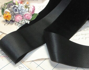3y 1.5" BLACK VELVET RIBBON Lush Pile with Taffeta Back tag: Antique Velvet Trim Vestment Halloween Witch Millinery Hat Band Frayed Crushed