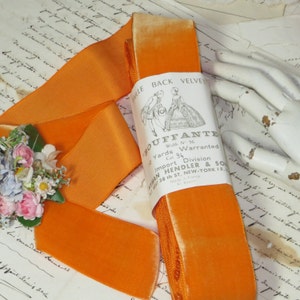 1y 1950 RAYON ORANGE Velvet Ribbon tag: Antique Vintage French Tangerine Millinery Hat Flower Rose Trim Crushed Velvet Ribbon Sunflower