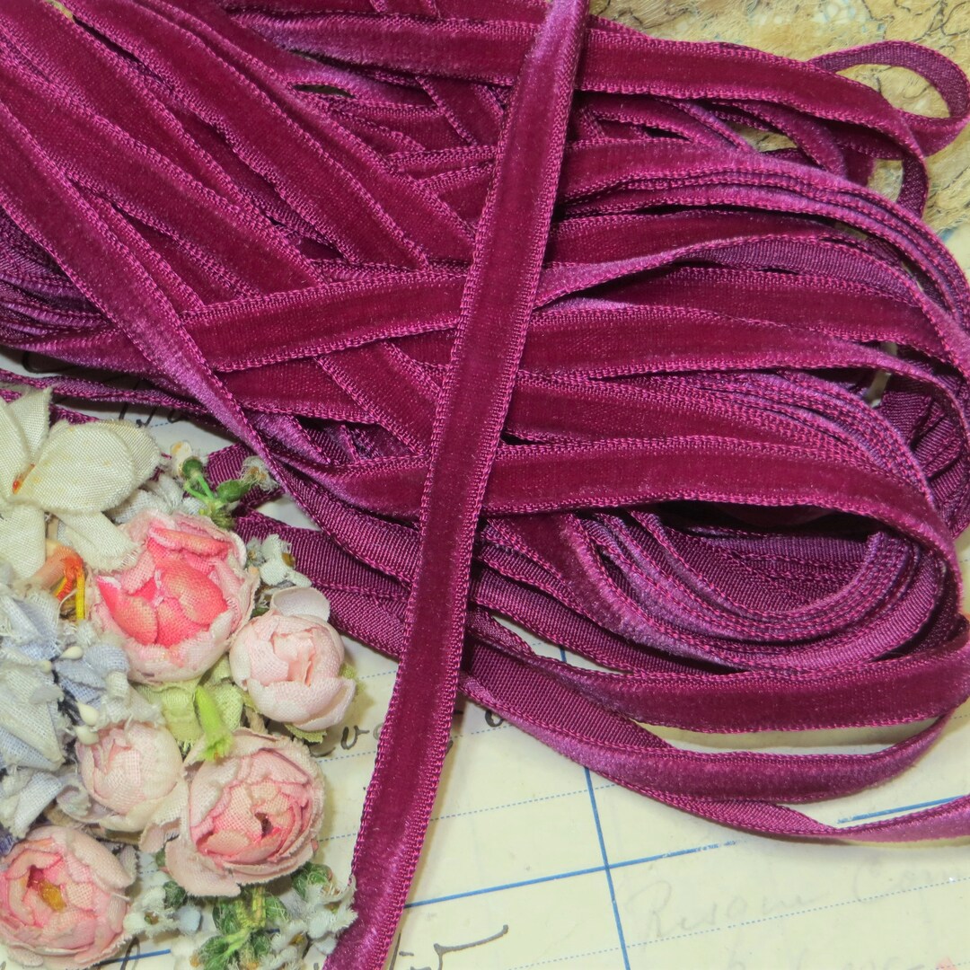 1y DARK PINK MAGENTA Raspberry Velvet Ribbon Antique Vintage French ...
