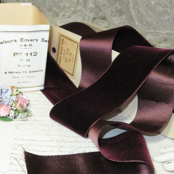 3 Yds Antique Vintage 2-1//4/" Purple Violet French Silk Rayon Velvet Ribbon