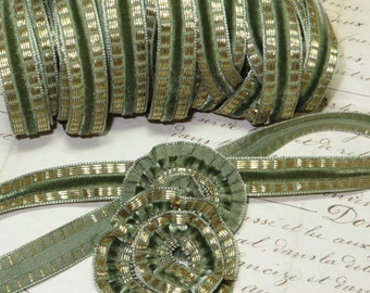 1y MOSS GREEN Antique METAL Velvet Ribbon Victorian Garden Golden Rose Leaf Color Ladies Millinery Metallic Trim Work Vintage Fabric Silk