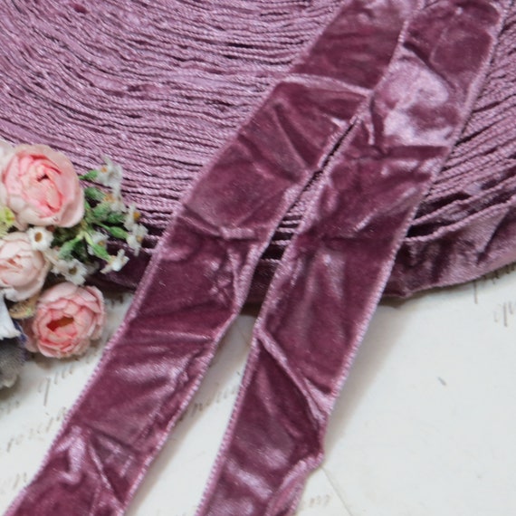 1y CRUSHED 7/8" PINK MAUVE Velvet Ribbon tag: Vestment Plum purple Antique Trim Lavender Lilac 1920s flapper Boho Millinery Hat flower Metal
