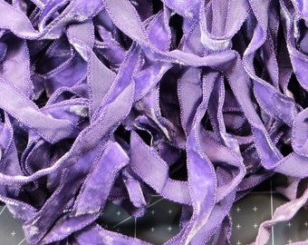 3y CRUSHED LAVENDER VELVET Ribbon 3/8" tag: 100% Rayon Antique French Millinery Flower Rose Lilac Purple Orchid Ribbon Frayed Velvet 1920