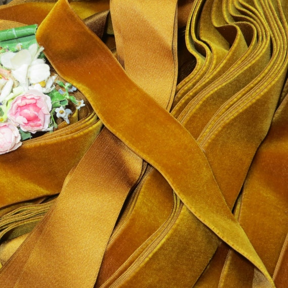 1y 2/" OCRA MUSTARD YELLOW VELVET RIBBON FRENCH FLOWER WEDDING DOLL DRESS FABRI