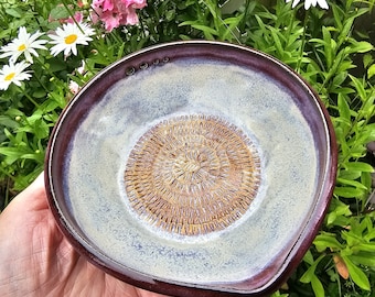 Garlic grater herb stripper.  Handmade pottery.  Shades of purple glazing.