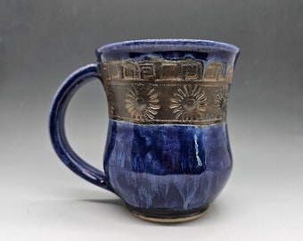 14 oz Silk roads inspired mug. Blue and burnished gold glazing.  Handmade pottery. Anglo Saxon