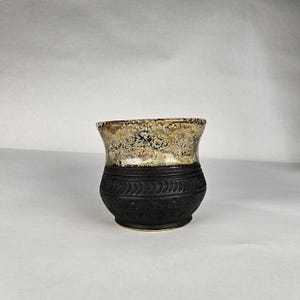 10 oz Viking cup.  Black and sand & stone glazing.  Handmade pottery. Anglo Saxon