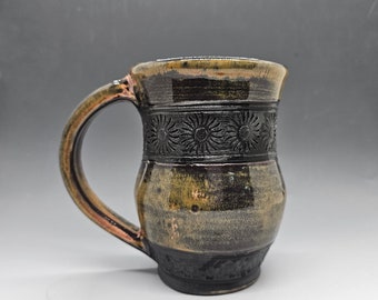 14 oz Silk roads inspired mug. Green/copper and black glazing.  Handmade pottery. Anglo Saxon