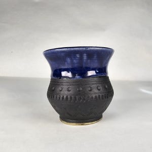 10 oz Viking cup.  Black and cobalt blue glazing.  Handmade pottery. Anglo Saxon