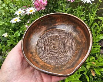 Garlic grater herb stripper.  Handmade pottery.  Copper glazing.