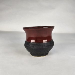 10 oz Viking cup.  Black and blood red glazing.  Handmade pottery. Anglo Saxon