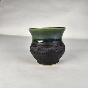 10 oz Viking cup.  Black and green/blue glazing.  Handmade pottery. Anglo Saxon