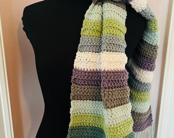 Green, blue, and grey handmade striped scarf