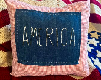 America! handmade embroidered pillow