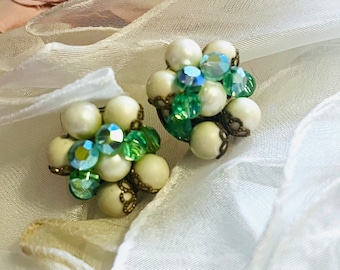 Green and white cluster vintage earrings (updated to pierced)