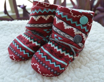 Stay On Baby Booties, Deep Red & Aqua Southwest Aztec, summer aztek, Maroon, Turquoise