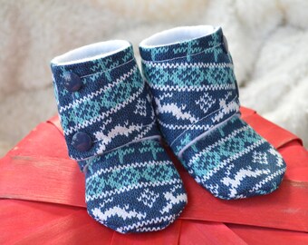 Handmade Christmas Deer Baby Booties: Fleece Lined Cotton