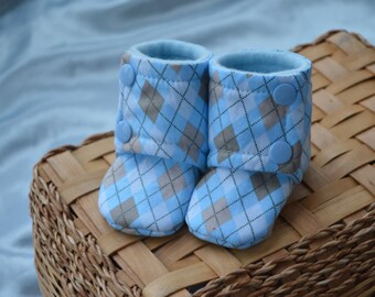 Blue Argyle Baby Booties: Handmade Cotton Fleece Lined