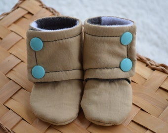 Beige Buffalo Plaid Baby Booties: Cotton Fleece Soft Soled Shoes
