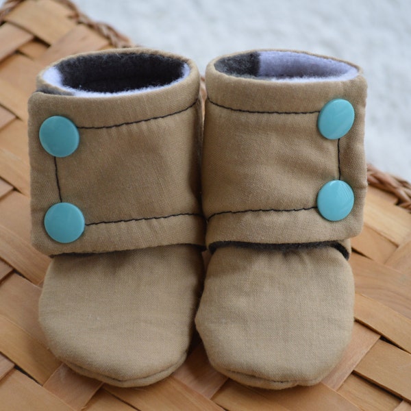 Beige Buffalo Plaid Stay On Baby Booties, Hipster baby, turquoise, tan, soft soled shoes, gender neutral, neutral baby gift, Custom