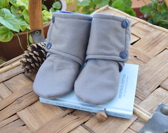 Baby Booties Stay On, Gray Twill Kam Snaps, Navy blue Grey Baby Shower Custom